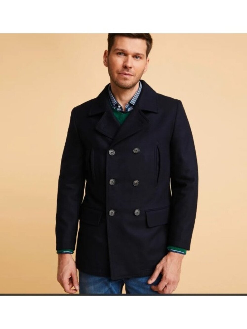 Lauren Ralph Lauren Peacoat Men's Size 40R Navy Blue Wool Blend Double Breasted